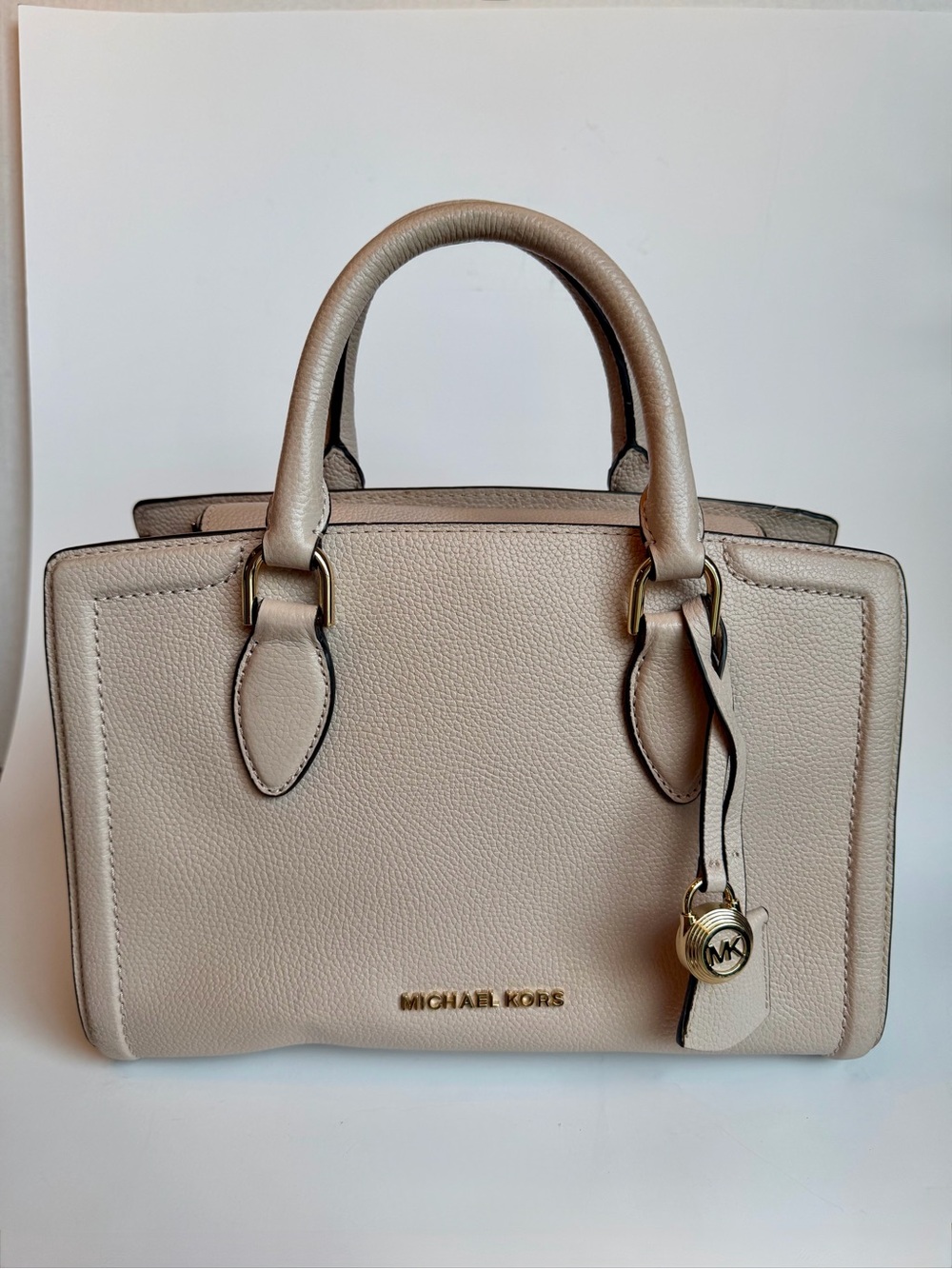 Michael Kors Mercer Pebbled Leather Satchel Handbag Blush Beige Gold Tone Purse